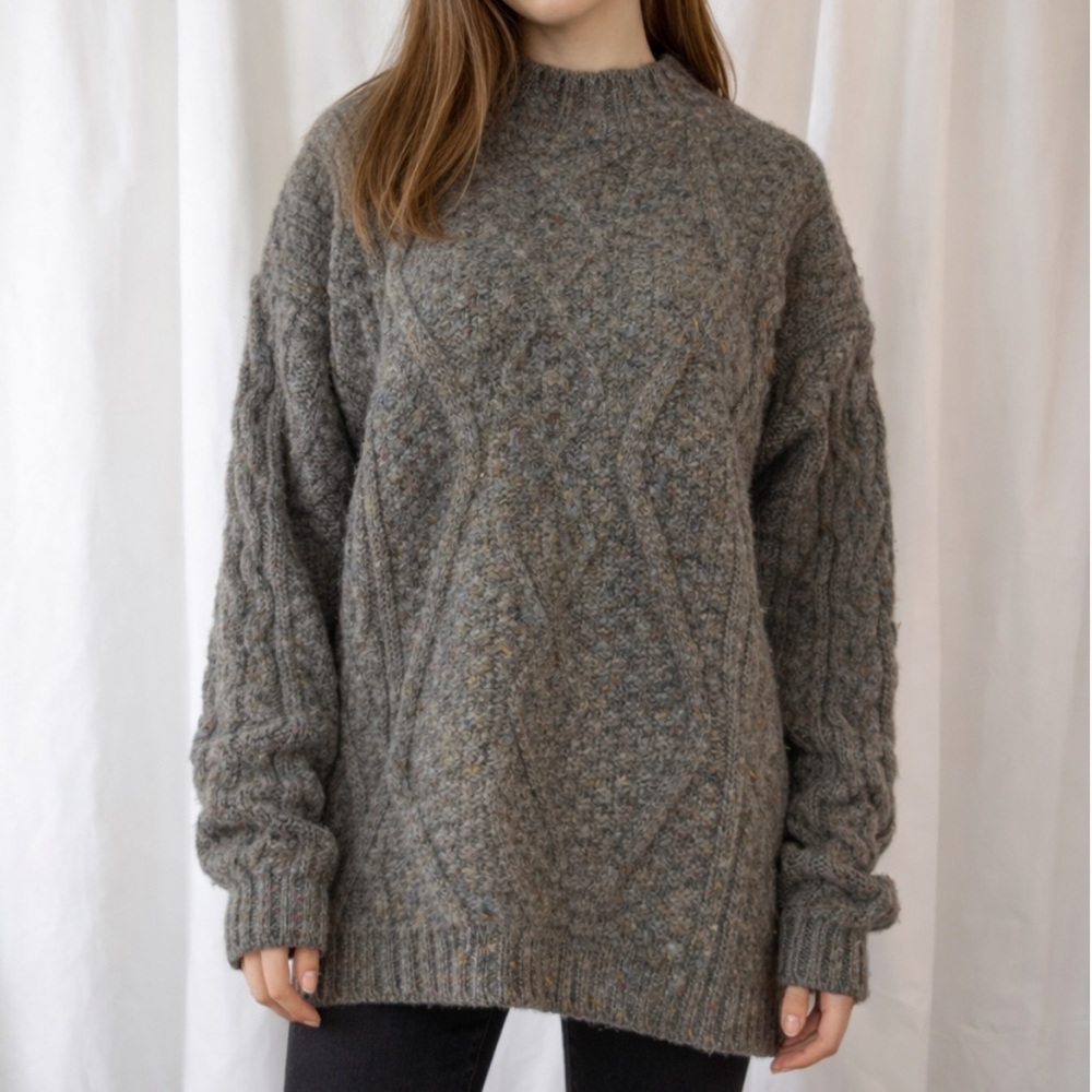 West Highland Woollens Scottish Wool Cable Knit Mock-Neck Sweater in Green/Gray